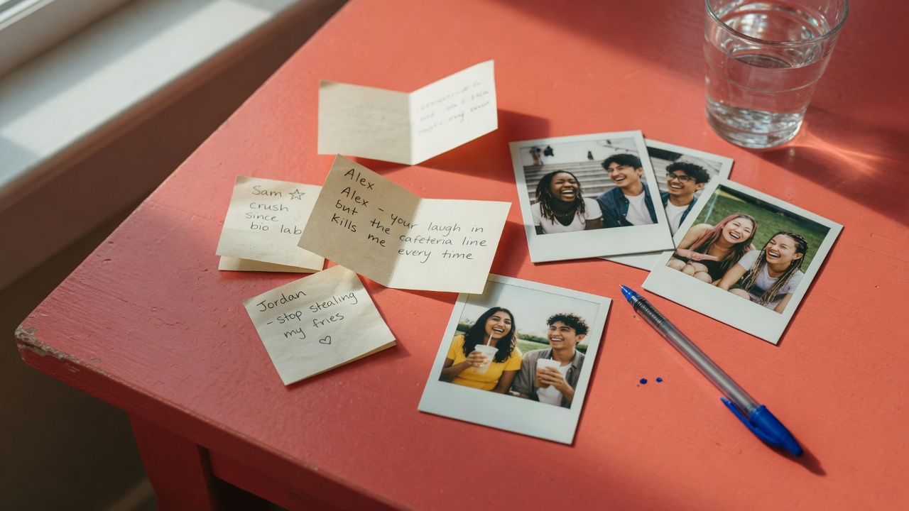 Handwritten crush notes and Polaroids on a coral table